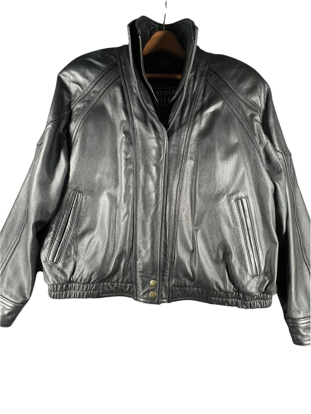 Black Genuine Leather Bomber Jacket Funnel Neck Zip Out Liner 90s - Picture 3 of 8